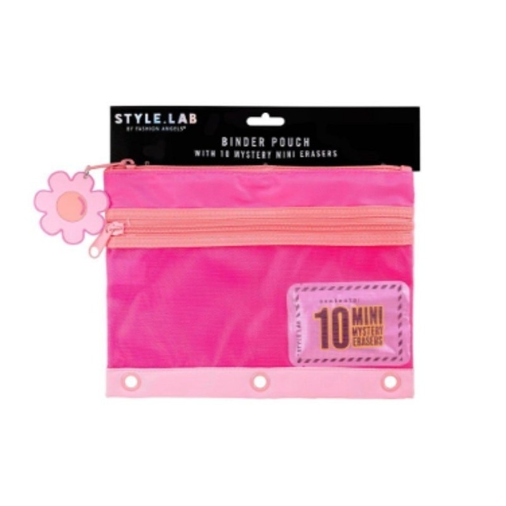 Style Lab Pink Colorblock Nylon Mesh Binder Pouch with 10 Mystery Mini Erasers